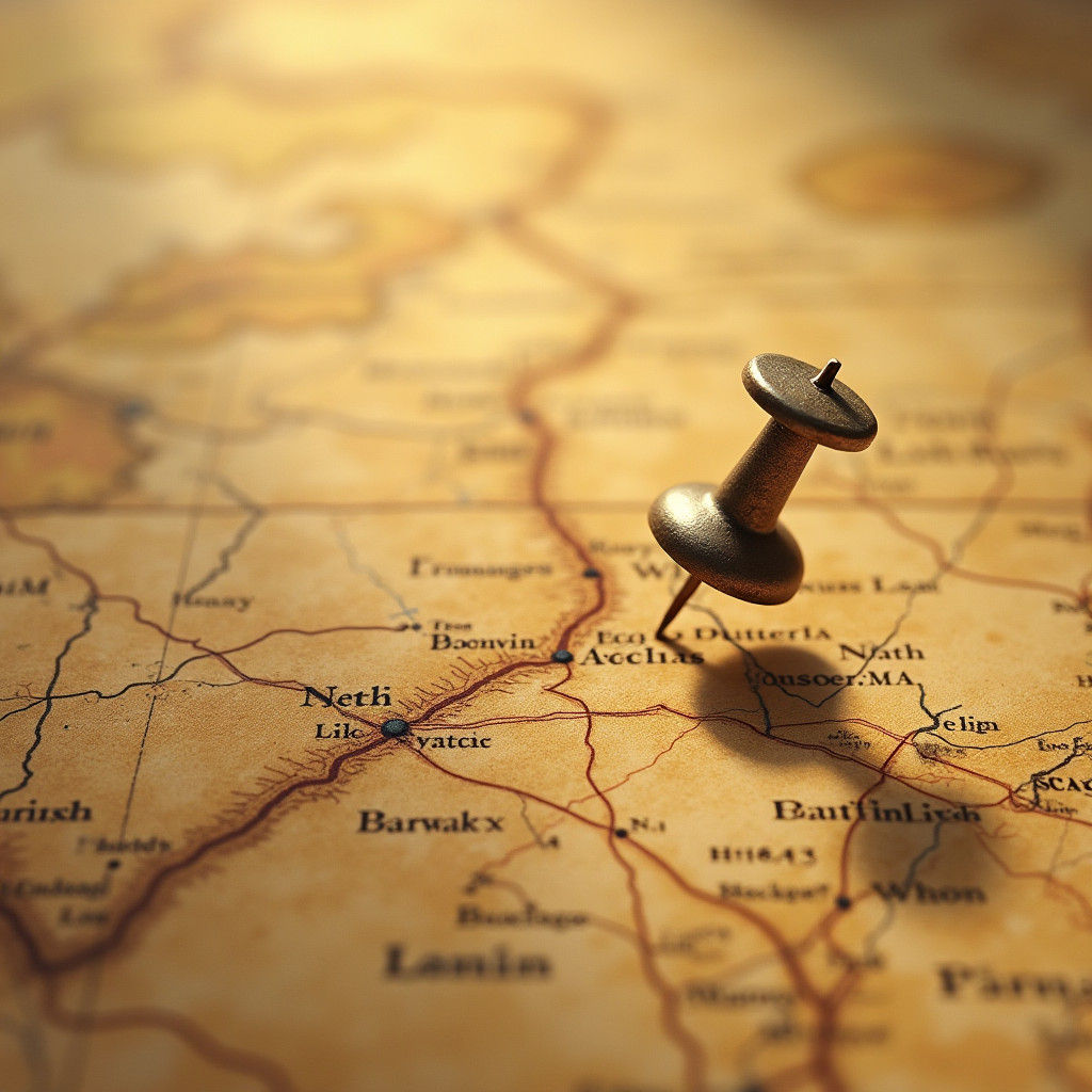 Thumb Tack on Vintage Map in Digital Art Style