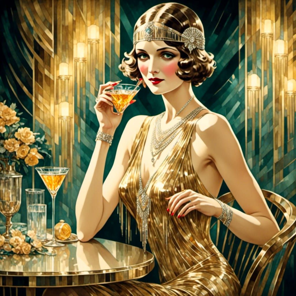 Glamorous Woman in Gold Gown, Art Deco Style