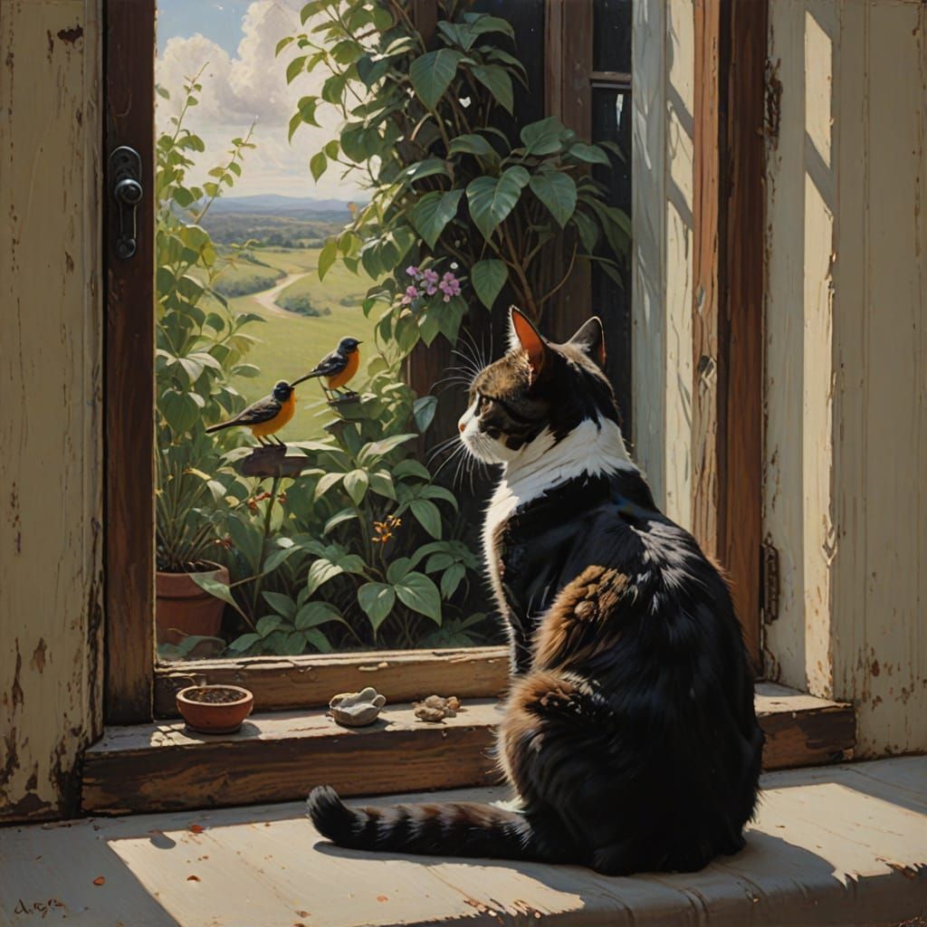 Whimsical Feline Observes a Feathered Companion in a Vibrant...