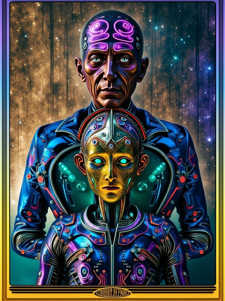 Futuristic Electronic Man and Child in Cyberpunk Dystopia