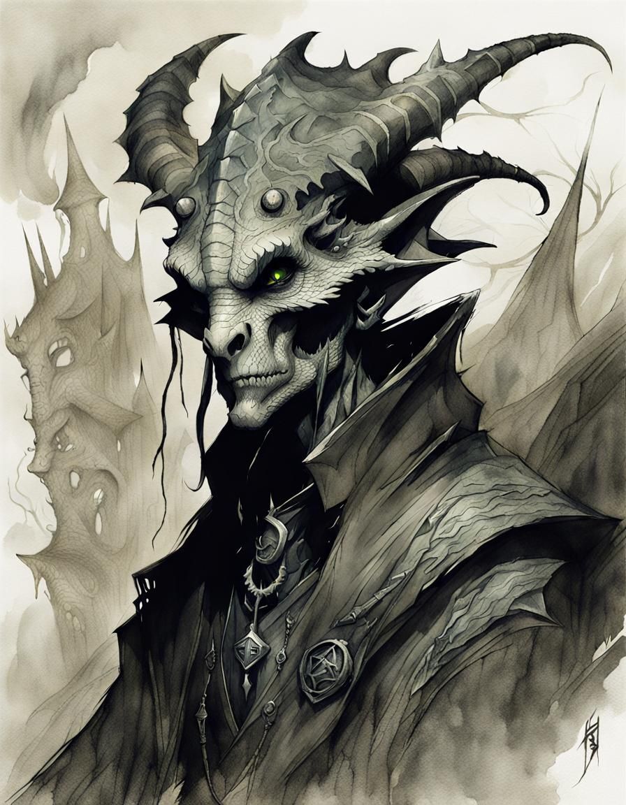 Eldritch Dragon Witch Portrait in Pencil and Ink