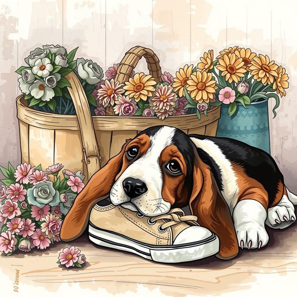 Cute Basset Hound Puppy with Flowers