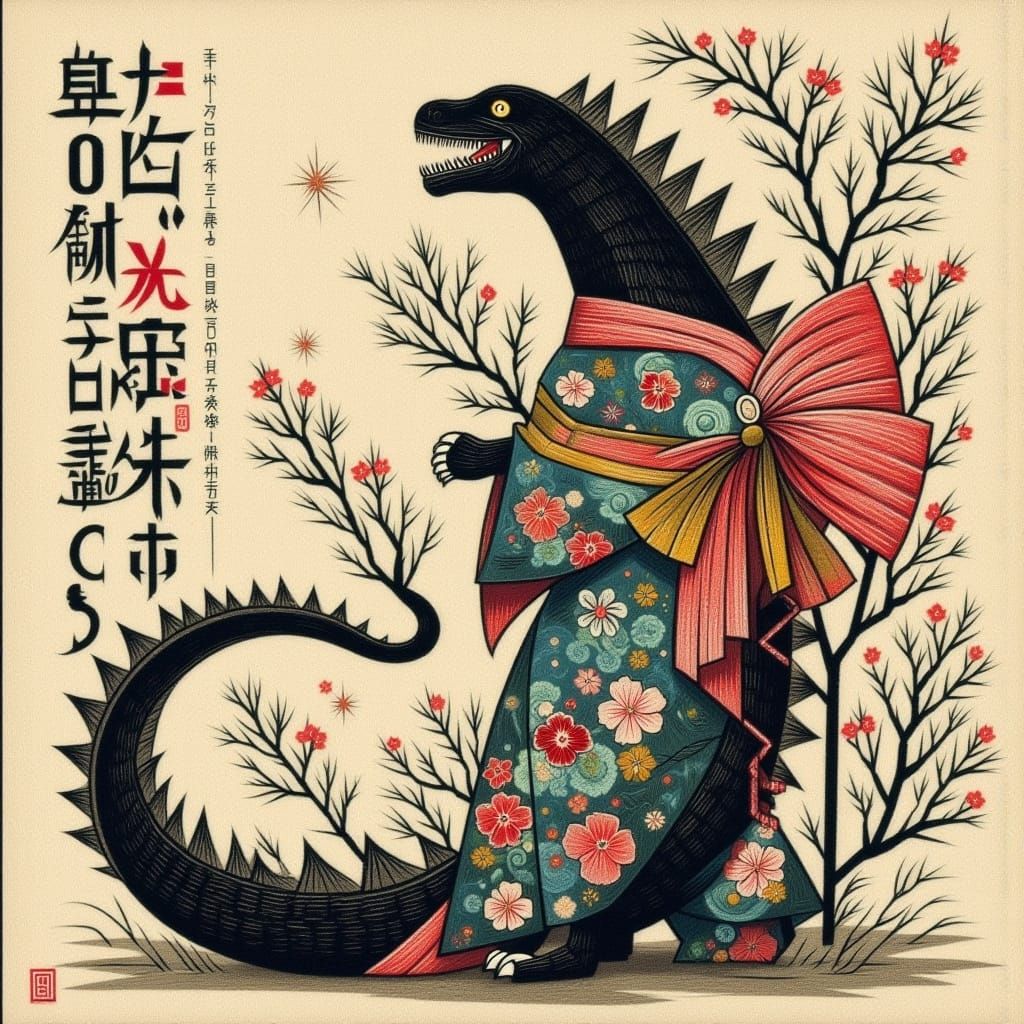 Godzilla in Yukata Dress with Sakura Trees