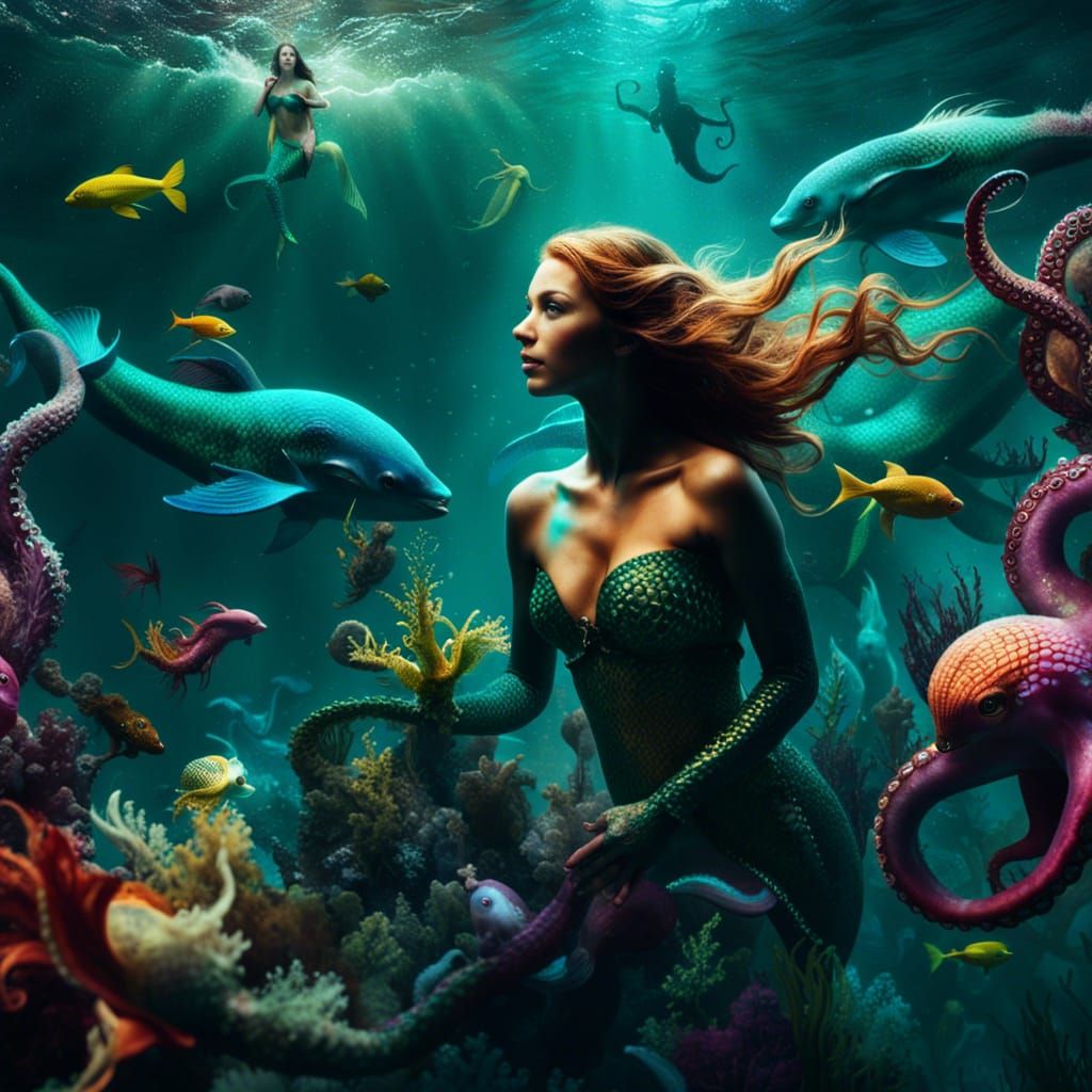 Mermaids and Octopuses Underwater, Hyperdetailed Digital Art