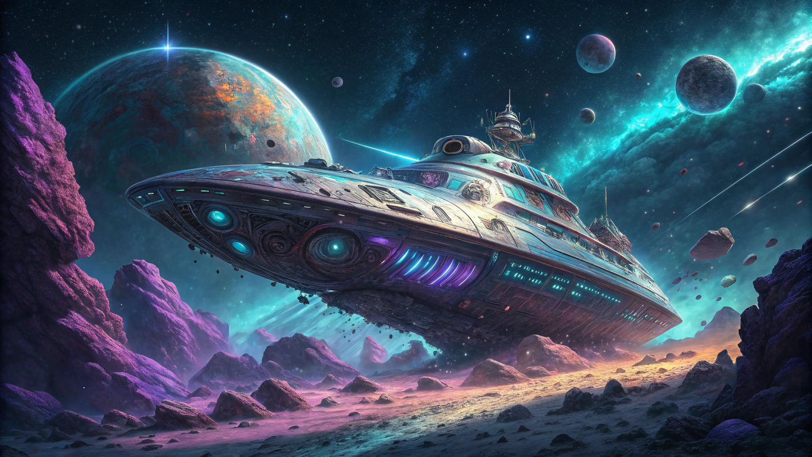 Luminescent Spaceship Navigates Meteor Field in Futuristic S...