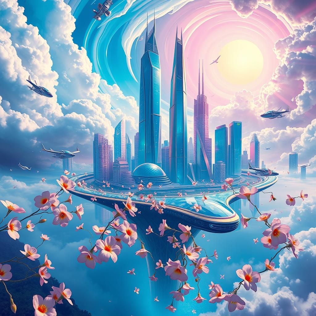 a  surreal  abstract distorted portrait of a floating city, ...