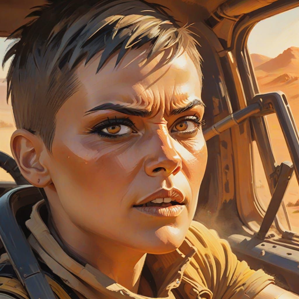 Furiosa Driving in a Desert Landscape: Gouache Painting