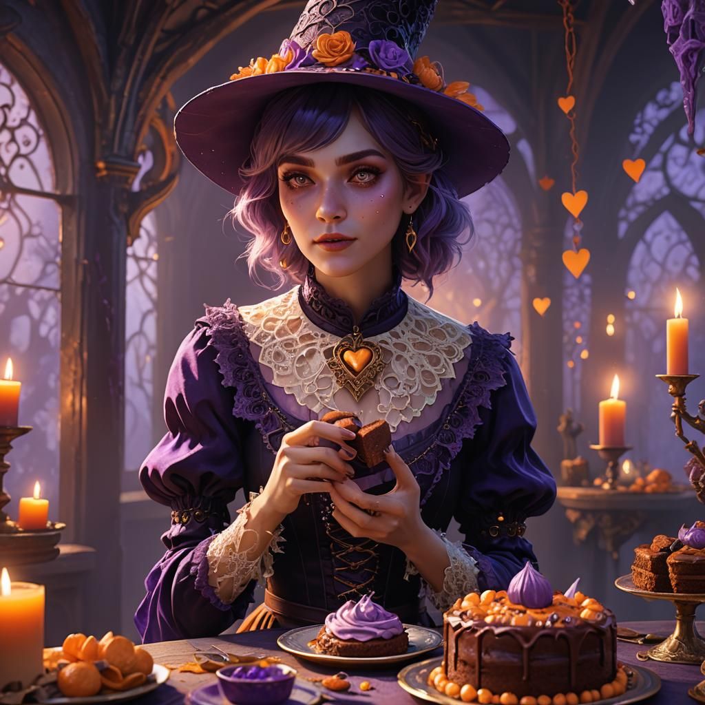 Young Witch Enjoys Chocolate Cake in Enchanted Forest