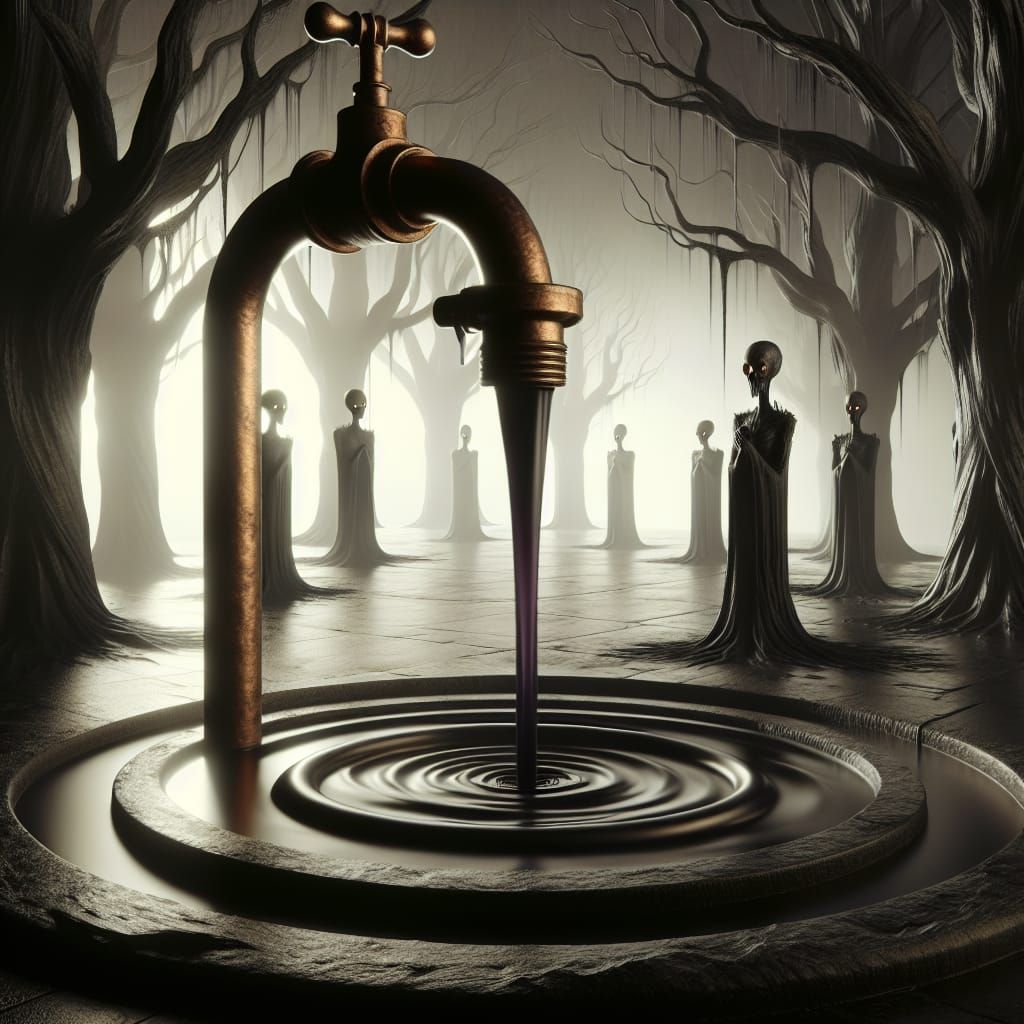 Surreal Scene with Gnarled Trees and Eerie Faucet