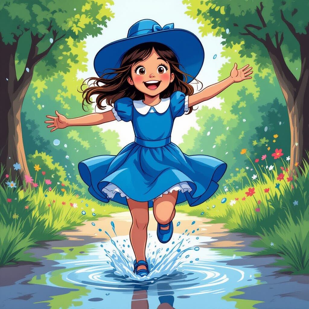 Cartoon Girl Splashing in Puddles, Comic Book Style