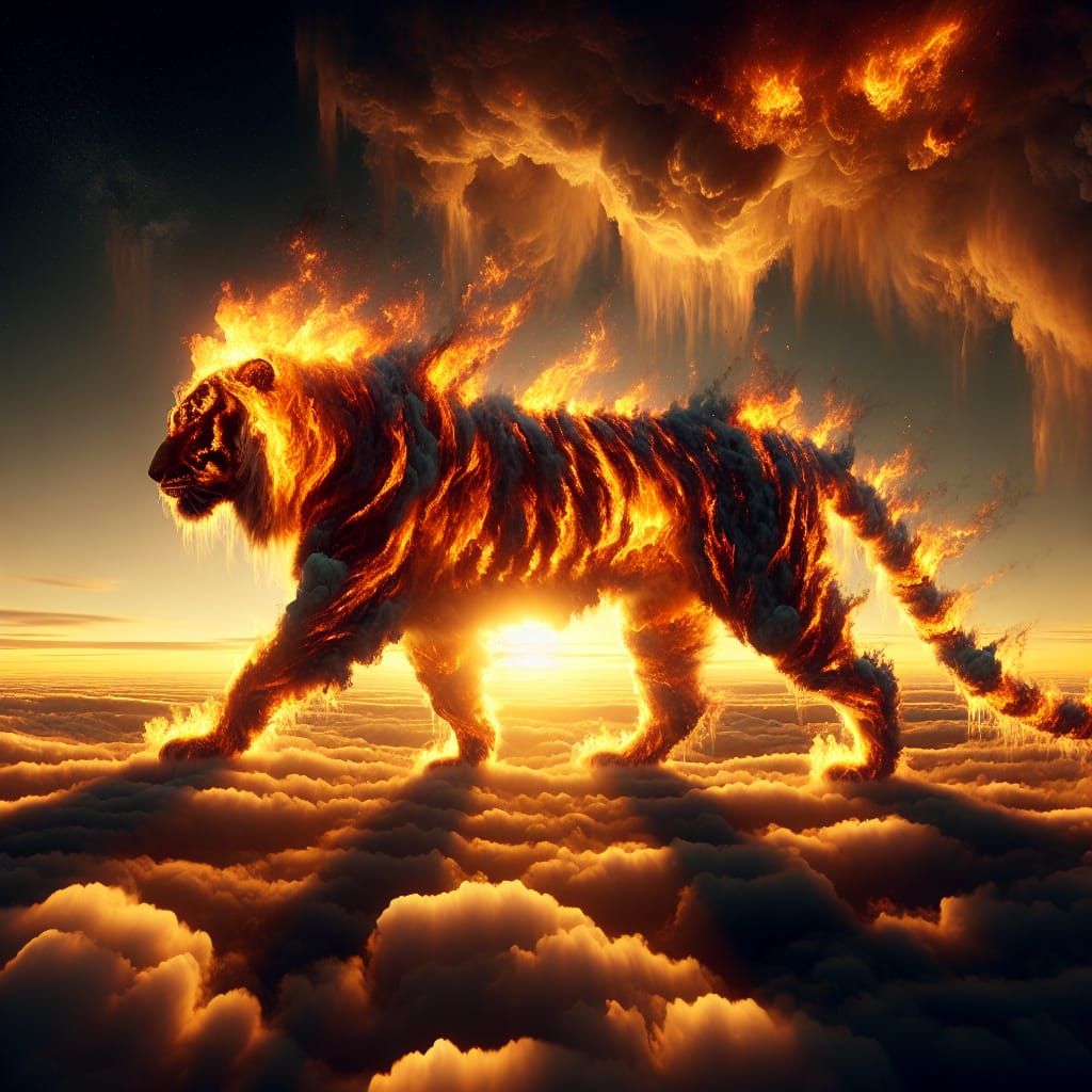 Flaming Tiger in Golden Sunset Sky