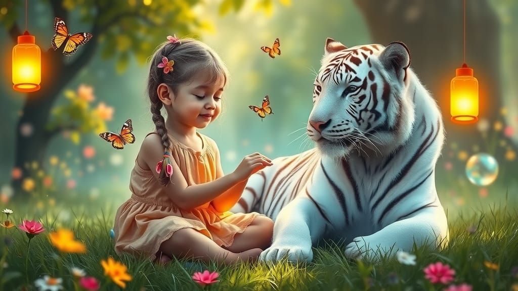 Girl and Tiger in Enchanted Forest