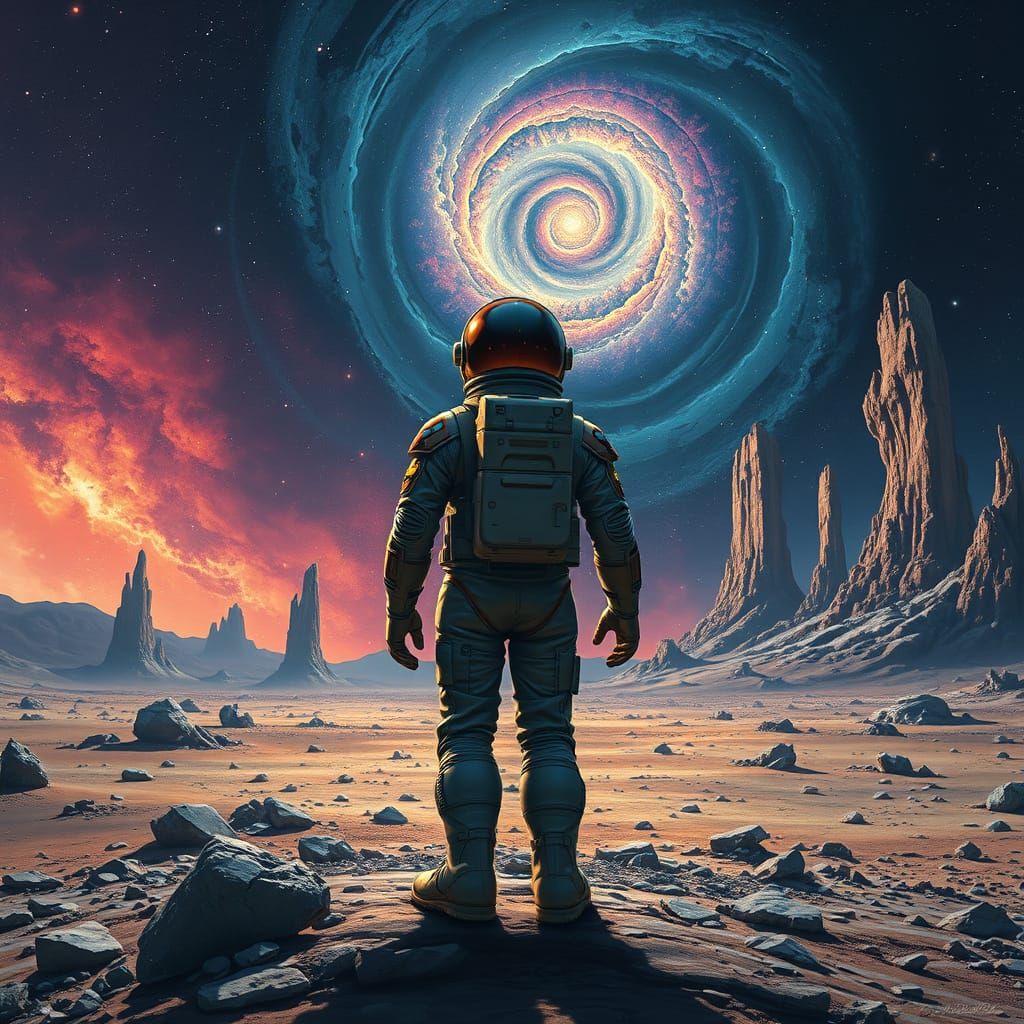 Astronaut Gazing at Nebula on Alien Planet