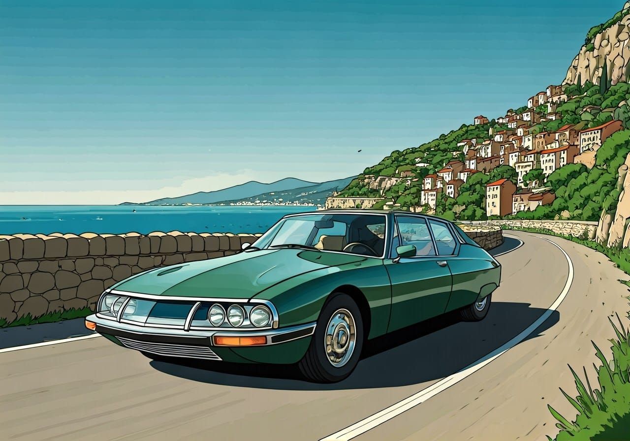Citroen SM Speeds Along the French Riviera in Dynamic Comic....