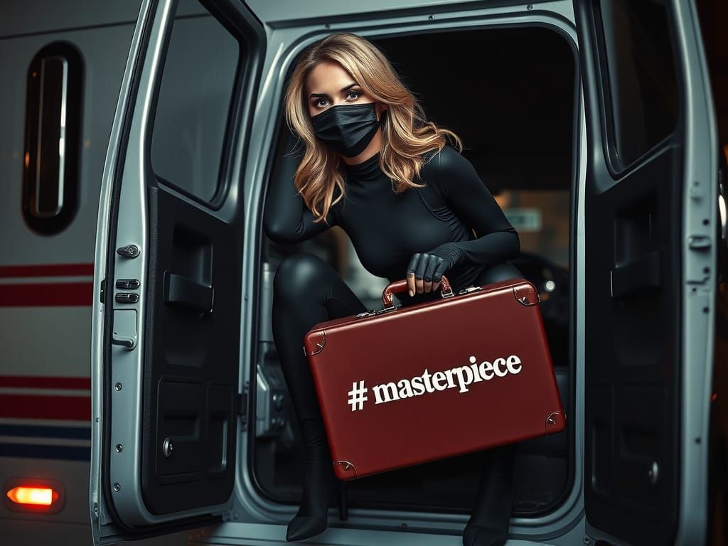 Woman in Bodysuit Crouching in Cash Truck