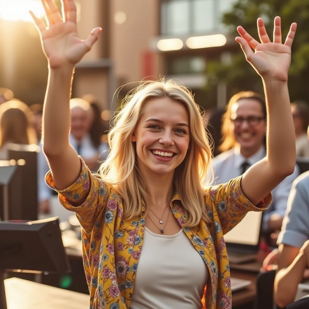 Joyful Girl Greets Colleagues on Sunny Friday Morning