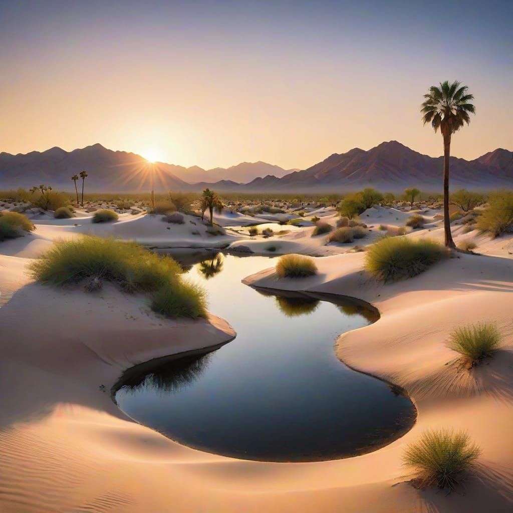 Desert Oasis at Sunset in Landscape Photography Style