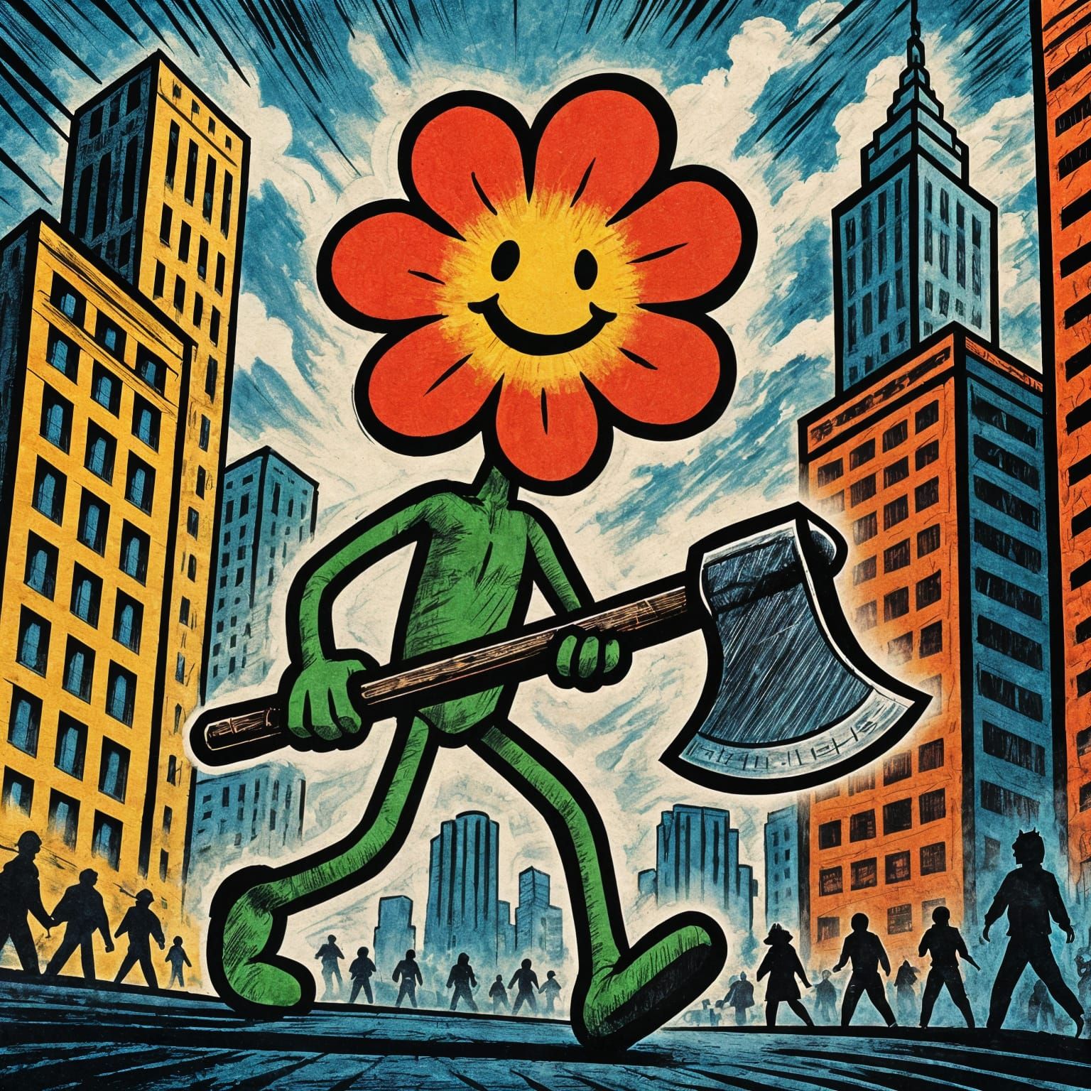 Sentient Flower Warrior in Vibrant Cityscape