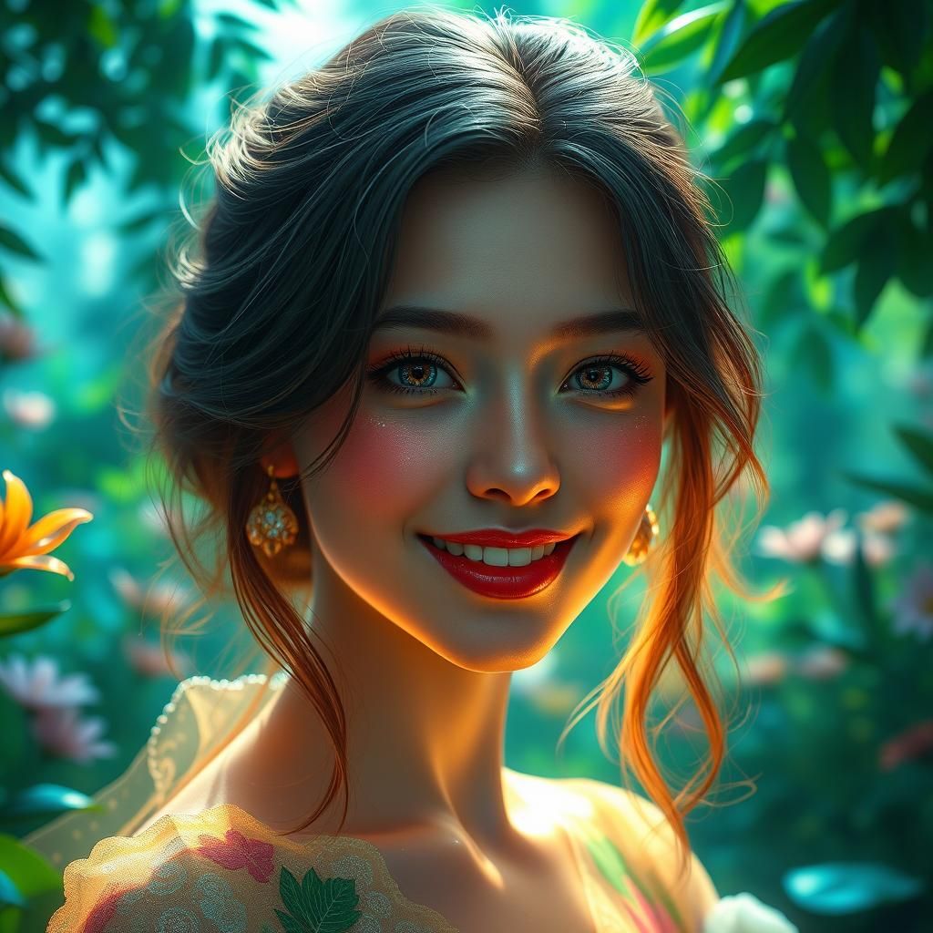 Ethereal Woman Radiating Joy in Paradise Garden