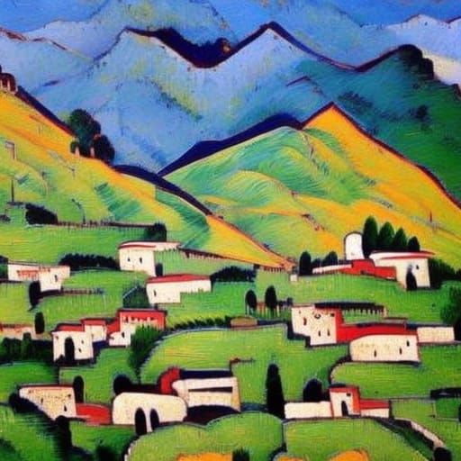 Himalayan Village with Snowy Peaks in Cubist Style