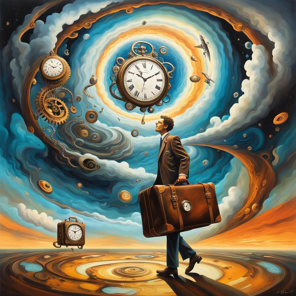 Time Traveler in Surrealist Vortex of Gears and Clocks