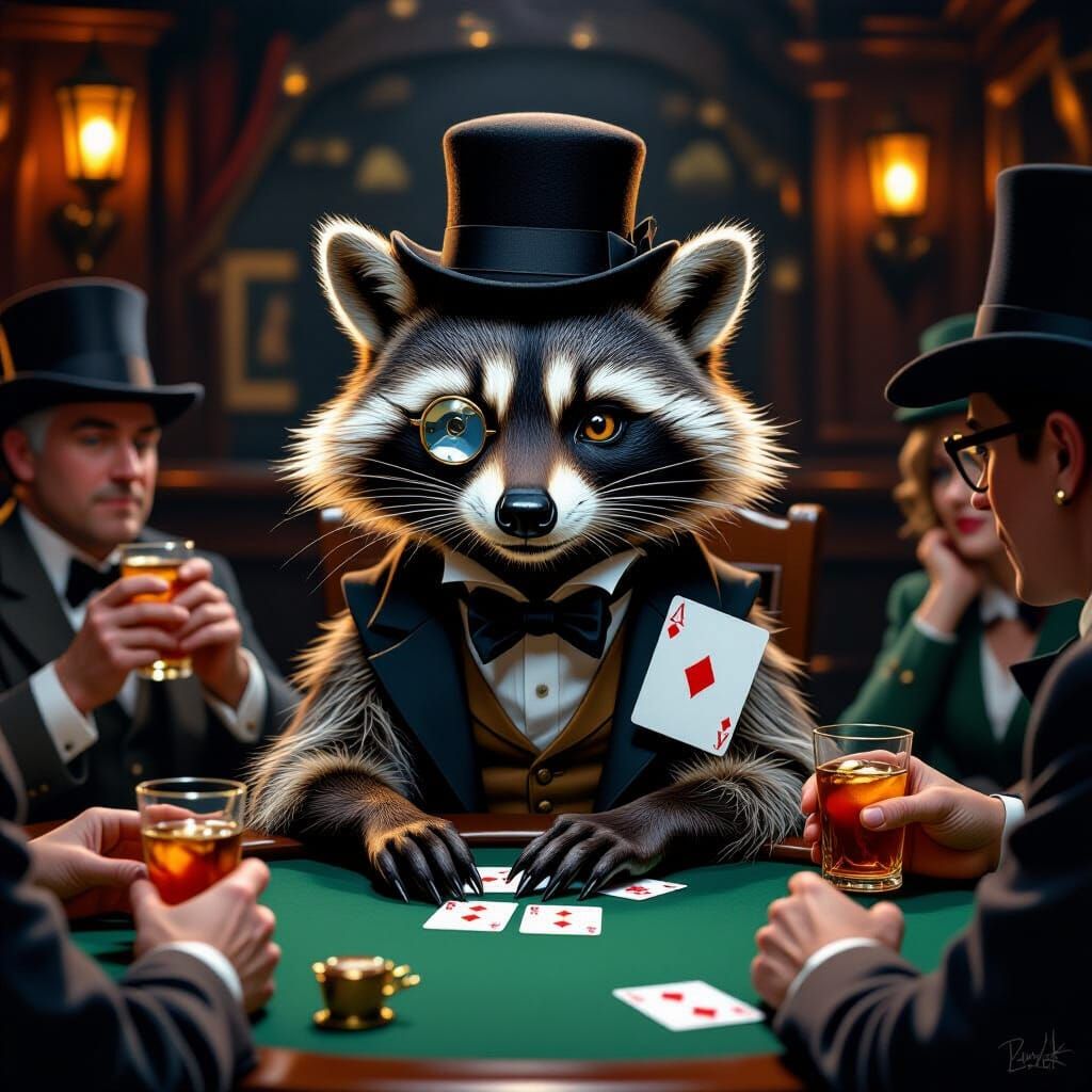 Raccoon Cheats Poker Game in Dark Tavern