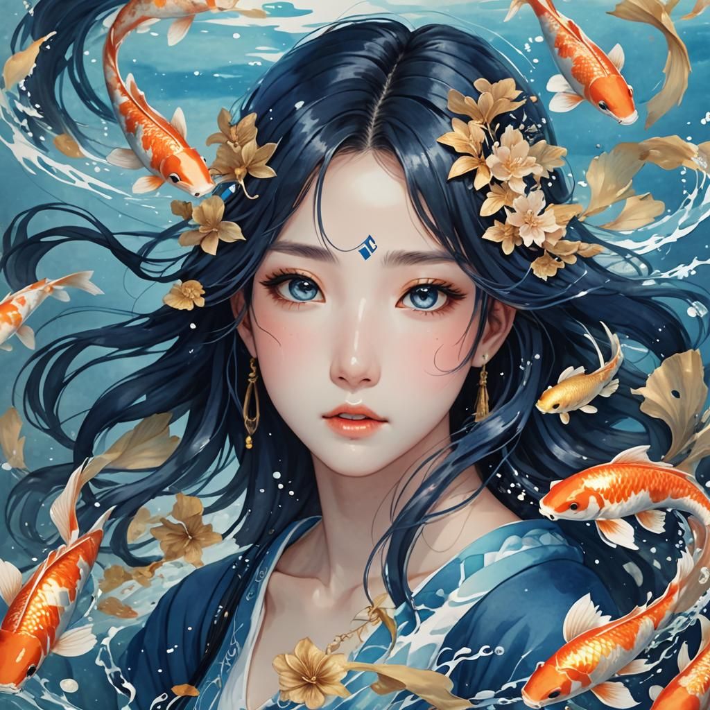 Watercolor Water Goddess with Koi Fish