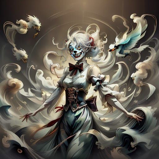 Ethereal Clown in Whimsical Chinese-Inspired Attire