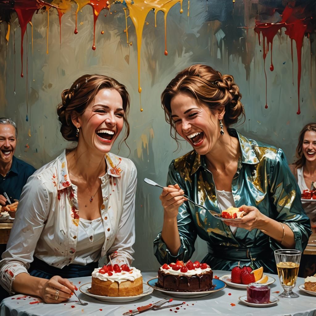 Two Women Share Cake, Renaissance Painting with Rich Colors