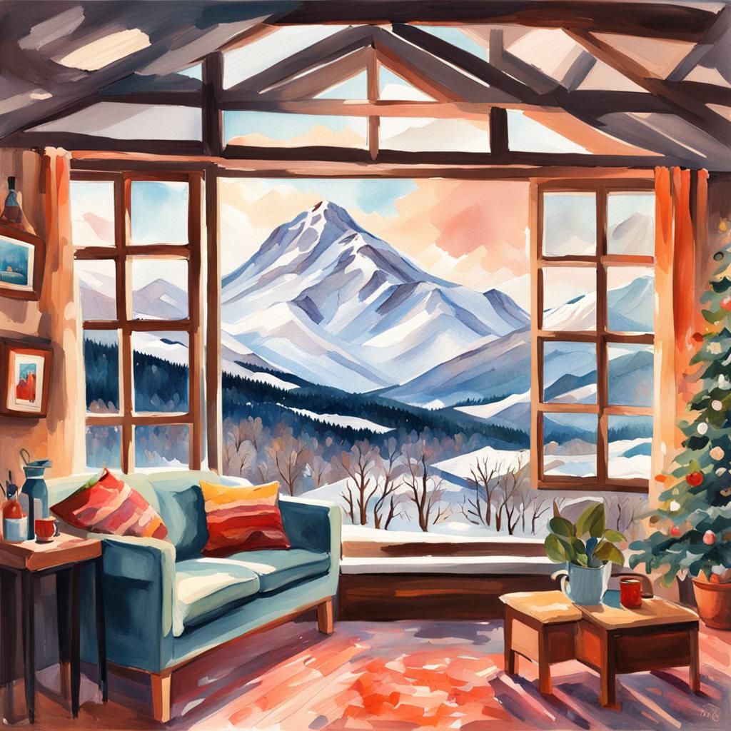 Hygge Living Room with Mountain View, Gouache Style