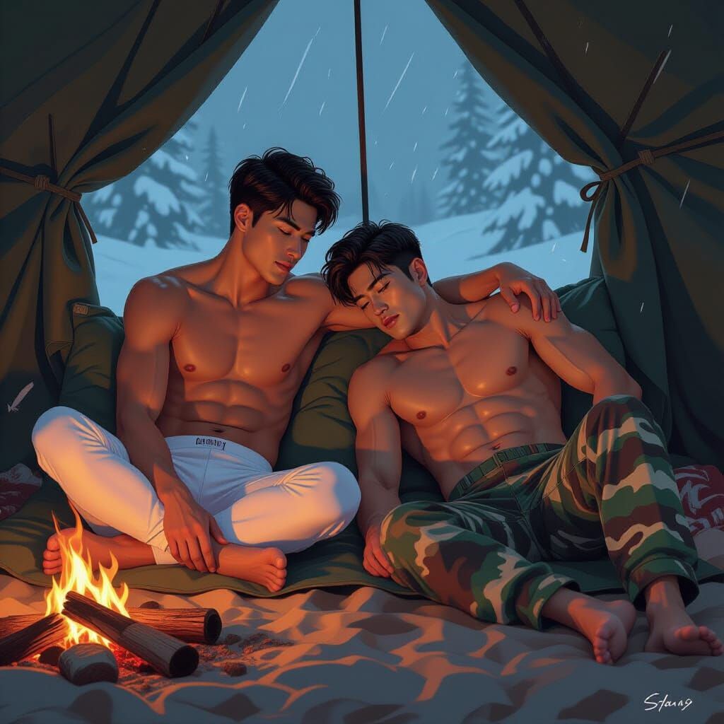 Men Sharing Sleeping Mat in Army Tent: Hyperrealism