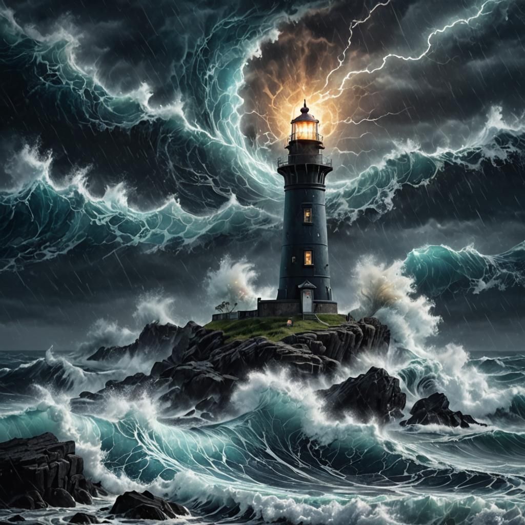 Lighthouse in Storm, Holographic Cosmic Illustration