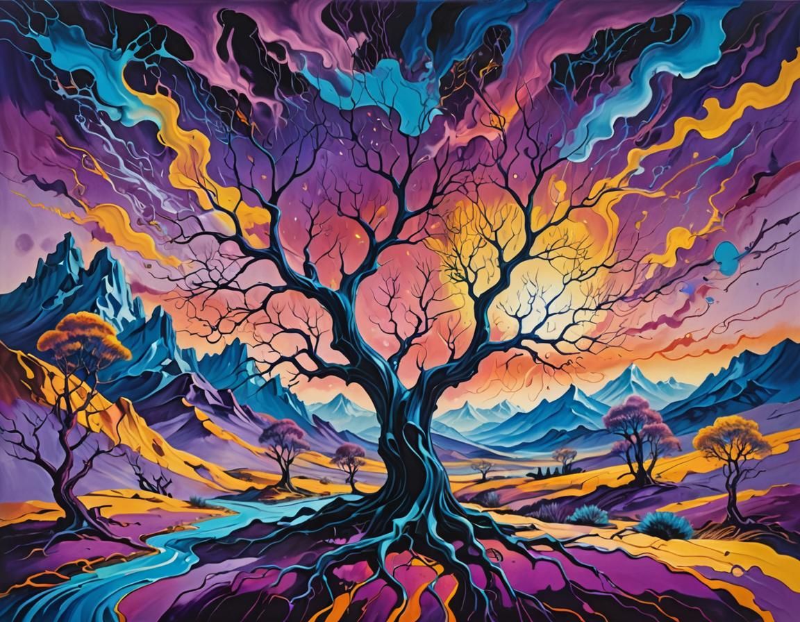 Surreal Landscape with Scribbled Trees in Oil Paint Style