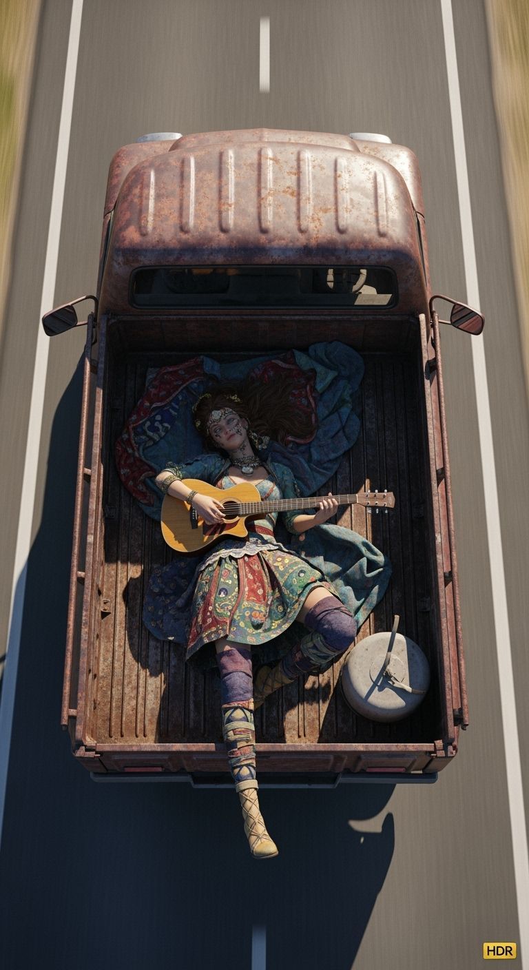 Woman in Colorful Clothes Plays Guitar in Rusty Truck