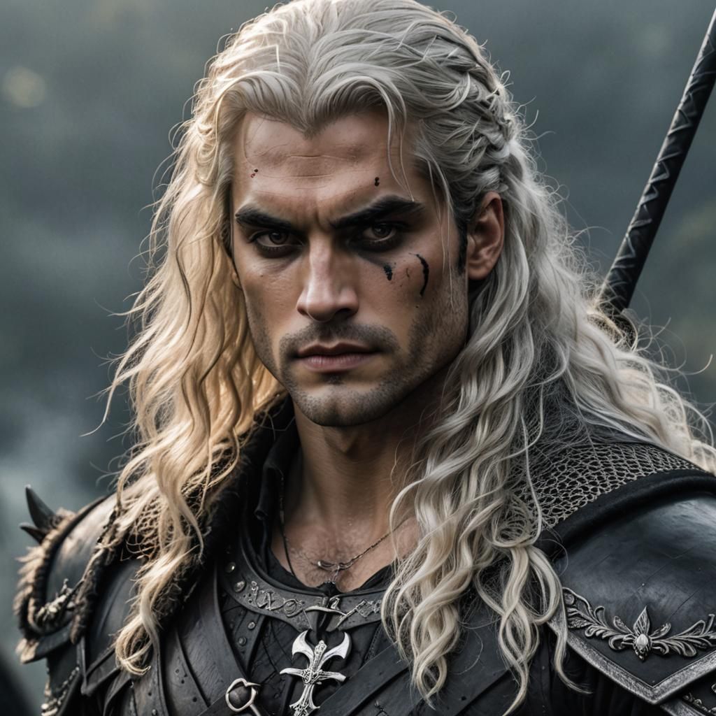 Imagine a beautiful, tall and muscular human Male strongly reminiscent of Henry Cavill in the Witcher series. With long ...