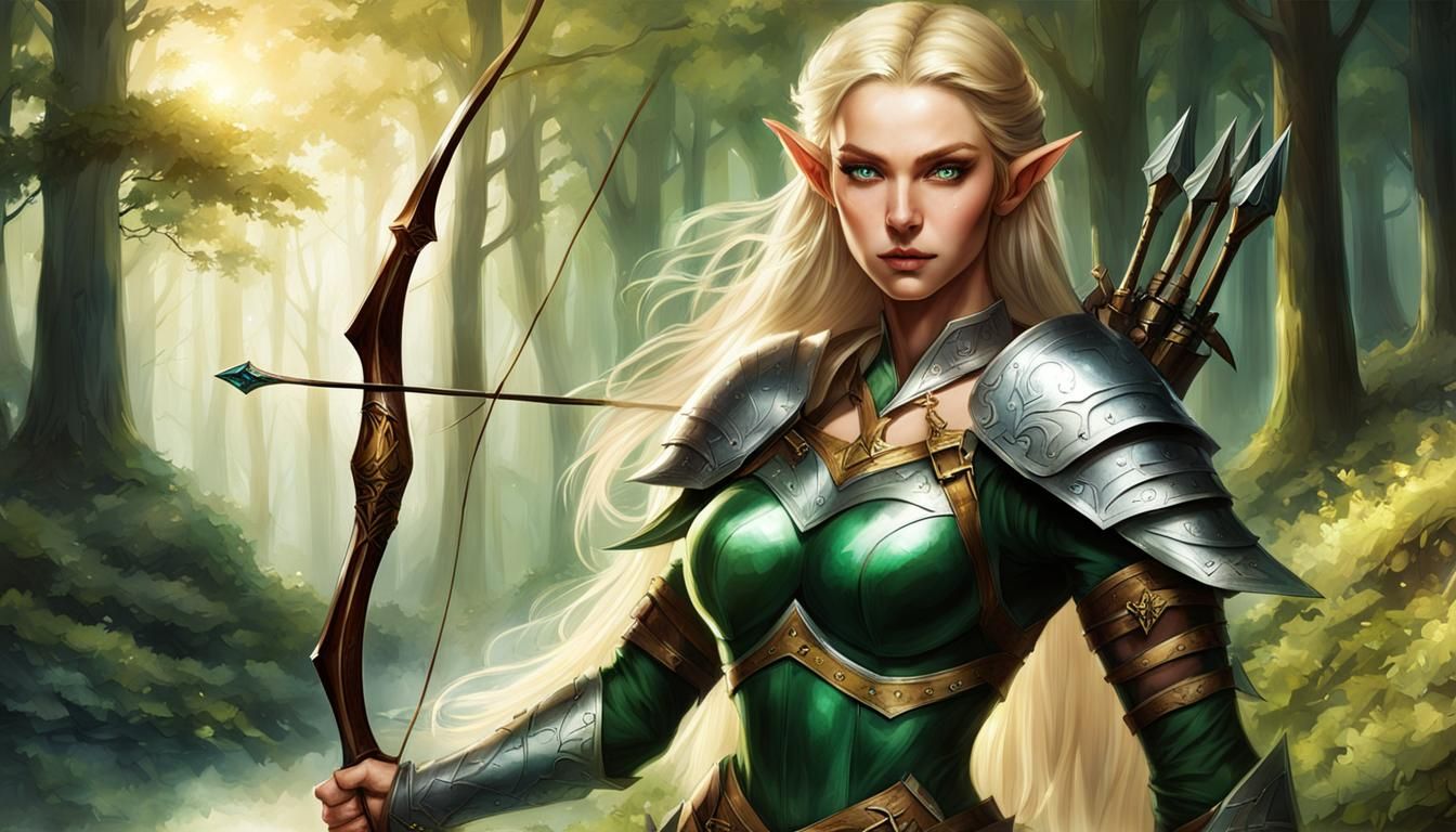 Beautiful Elf Hunter in Forest Archer Position
