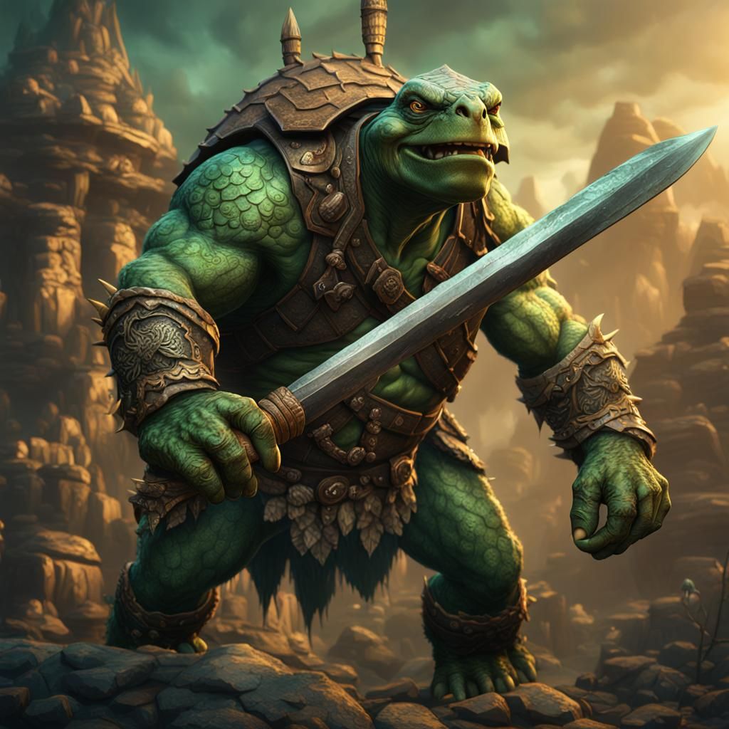 Green Tortle Barbarian with Sharp Teeth in Detailed Matte Pa...