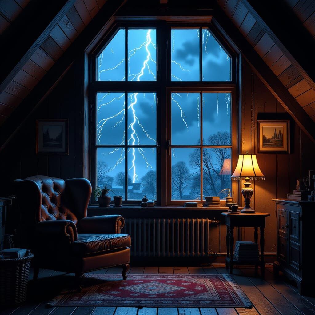 Attic Reading Nook with Stormy Night View