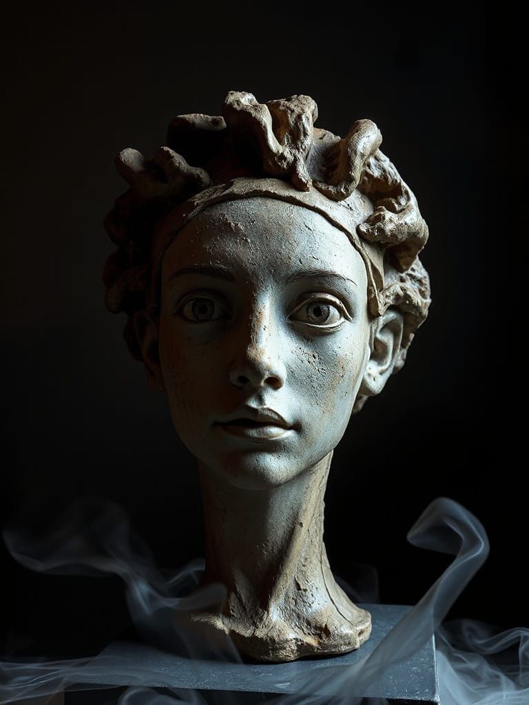 Abstract Clay Head Sculpture in Dark Ambiance