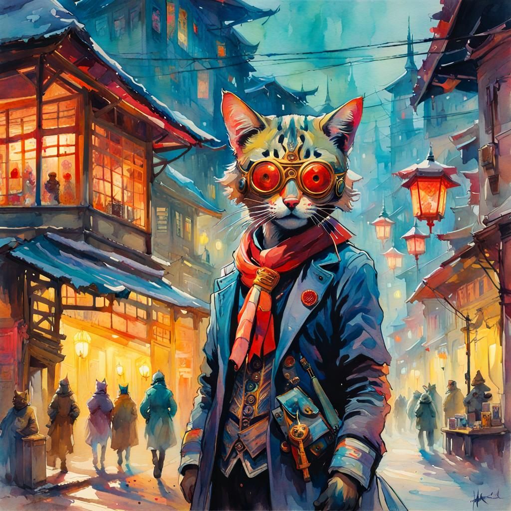 Masked Tabaxi in Watercolour Fantasy Style