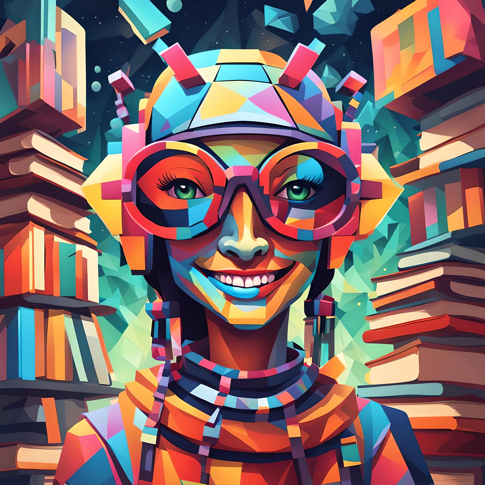 Insectoid Girl Selling Books in Cubist Art Deco Style