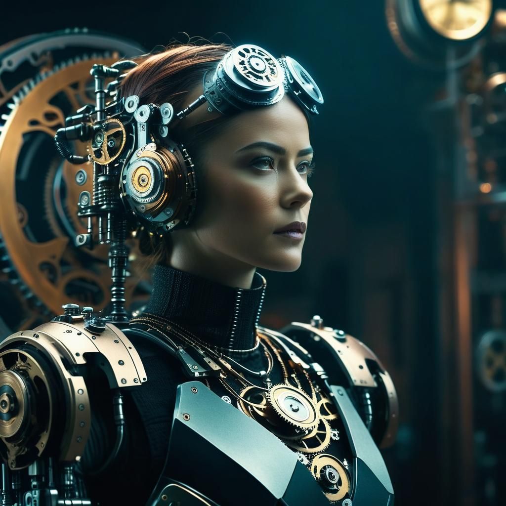 Steampunk Cyborg Woman: Cinematic Film Still