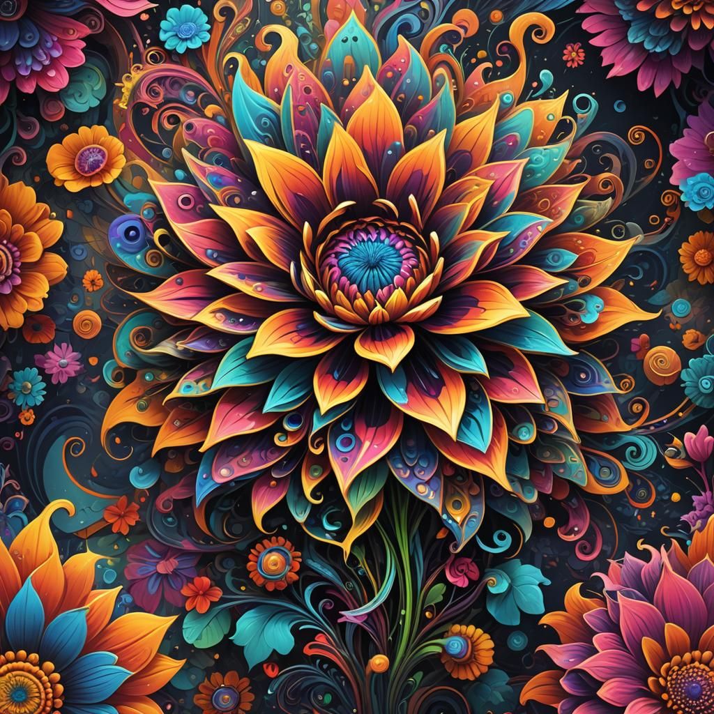 Psychedelic Flower Art with Swirling Vibrant Colors