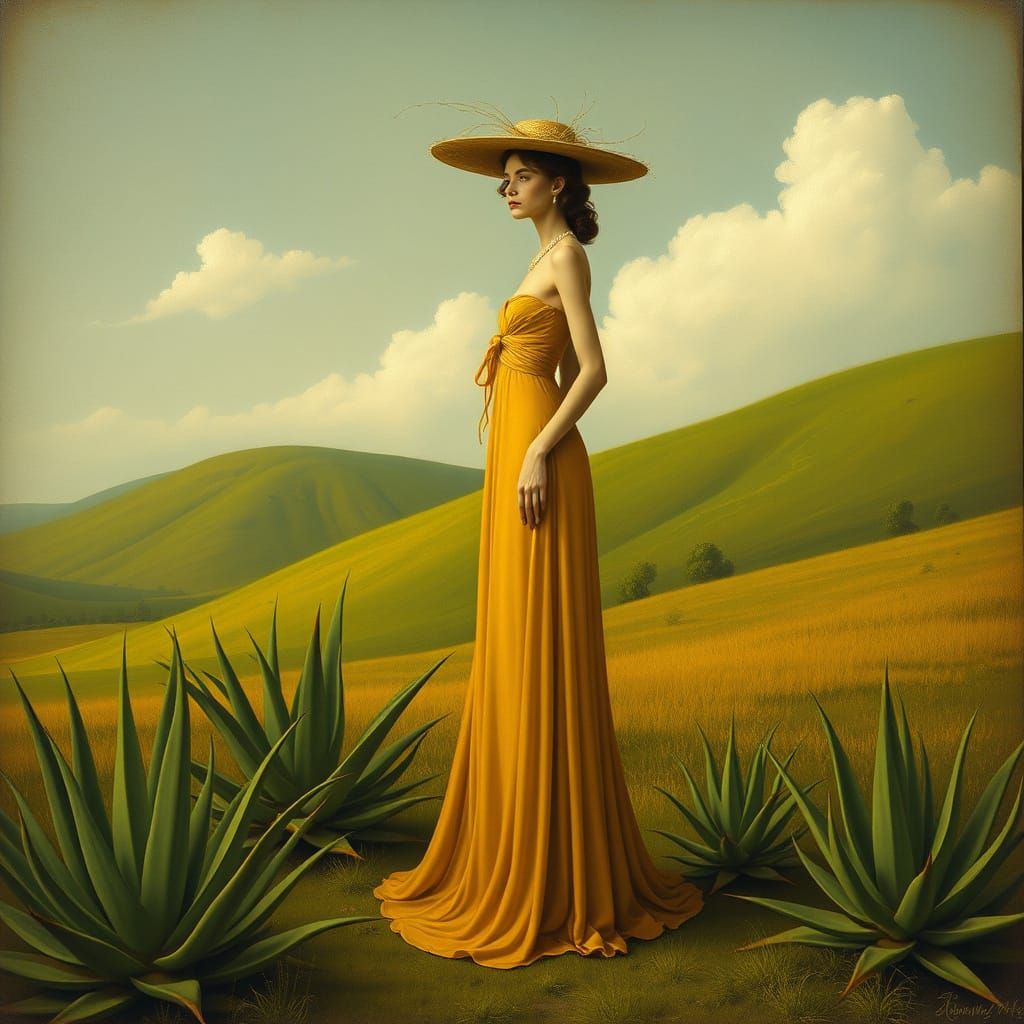 Surreal Tall Lady in Green Landscape