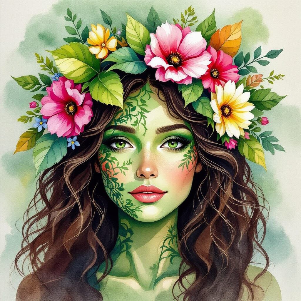 Plant-Human Hybrid with Leaf Hair and Flower Accents