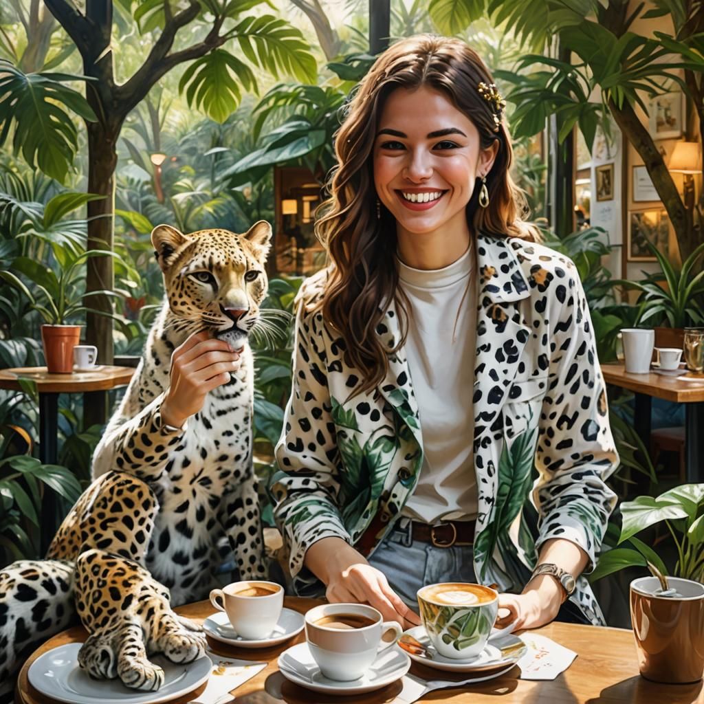 Leopard and Woman in Cafe, Fairytale Art