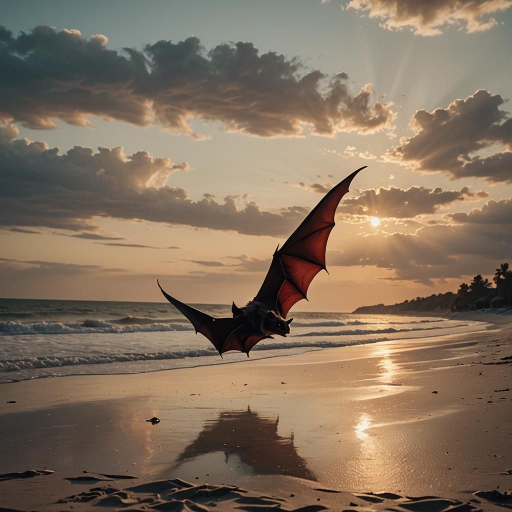 Vermilion Foxbat Ascends on Beach at Sunset