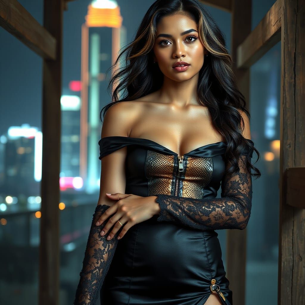 Timorese Woman in Cyberpunk Cityscape