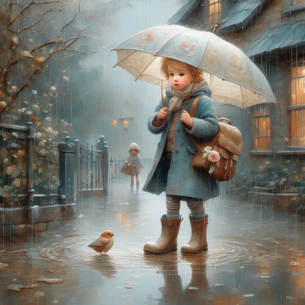 Child in Rain Boots: Vintage Illustration Style