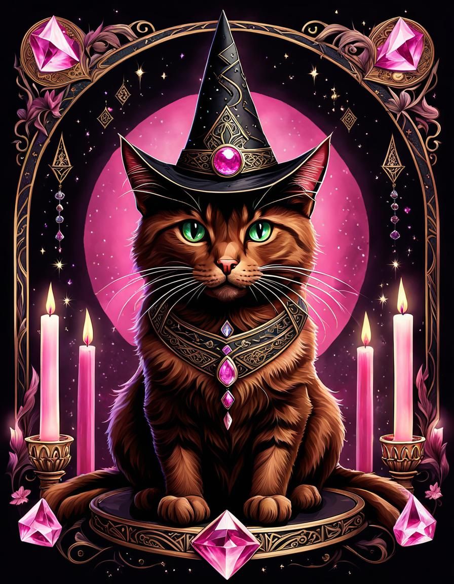 Fantasy Cat Portrait with Witch Hat and Crystals
